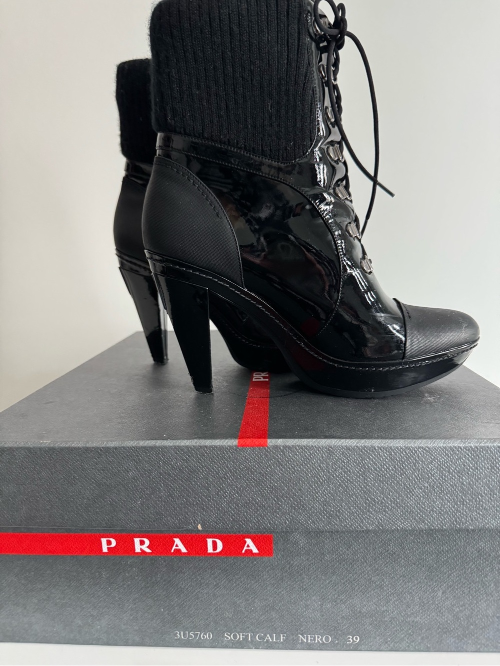 Prada Black Patent Lace-Up Knit-Cuff Ankle Boots